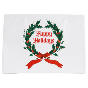 Happy Holidays Vintage Holly Christmas Wreath Large Gift Bag