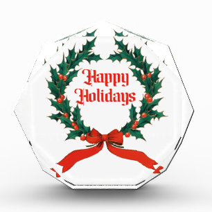 Happy Holidays Vintage Holly Christmas Wreath Photo Block