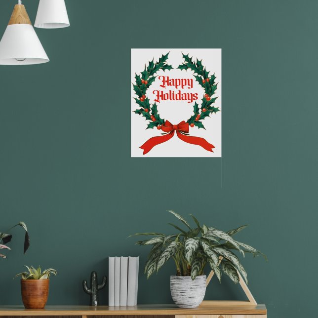 Happy Holidays Vintage Holly Christmas Wreath Poster (Living Room 1)