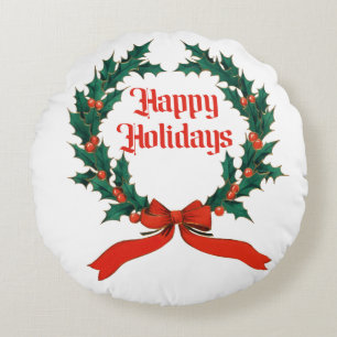 Happy Holidays Vintage Holly Christmas Wreath Round Cushion