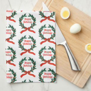 Happy Holidays Vintage Holly Christmas Wreath Tea Towel