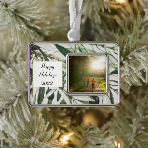 Happy Holidays Vintage Olive Branch Photo Silver Plated Framed Ornament