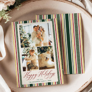 Happy Holidays Vintage Red Green Stripes 3 Photo Holiday Card