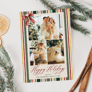 Happy Holidays Vintage Red Green Stripes Bow Photo Holiday Card