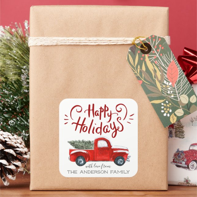Happy Holidays | Vintage Red Truck Christmas Square Sticker (Holiday)
