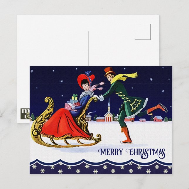 Happy Holidays. Vintage Skating Couple Christmas Postcard (Front/Back)