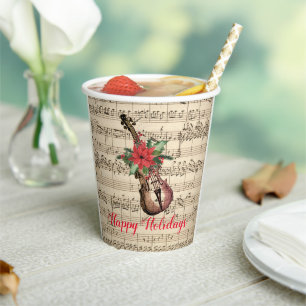 Happy Holidays Vintage Violin and Sheet Music   Paper Cups