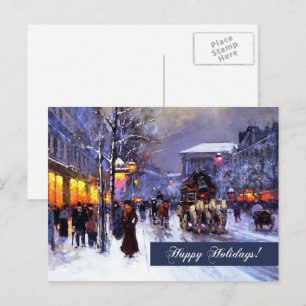 Happy Holidays. Vintage Winter Parisian Scene Holiday Postcard