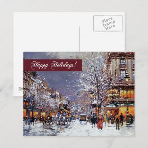 Happy Holidays. Vintage Winter Parisian Scene Holiday Postcard