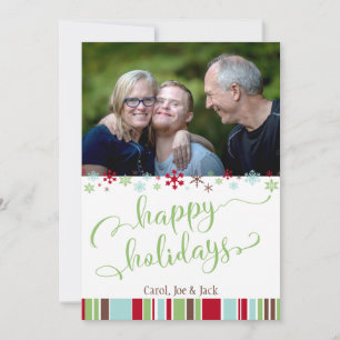Happy Holidays w/ Snowflakes, Stripes & Photo Holiday Card