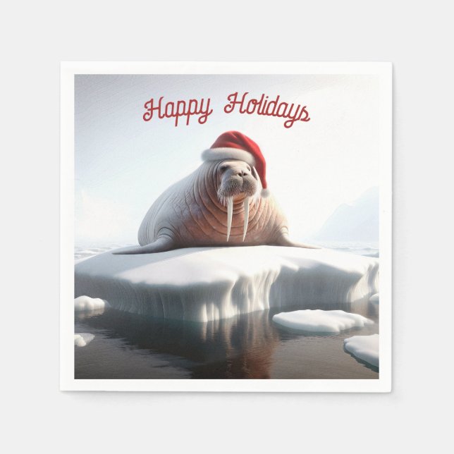 Happy Holidays Walrus Wearing a Santa Hat Napkin (Front)