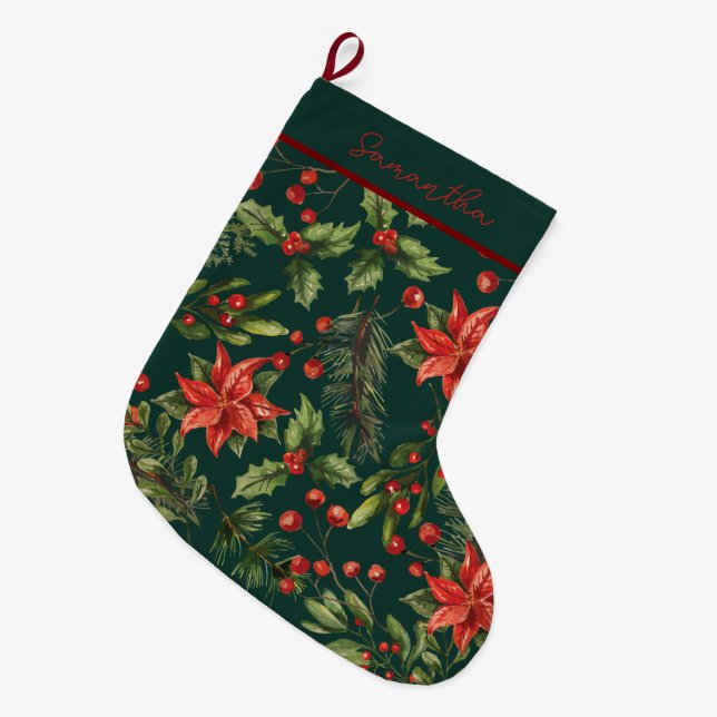 Happy Holidays Watercolor Botanical Personalized Large Christmas Stocking (Front (Hanging))