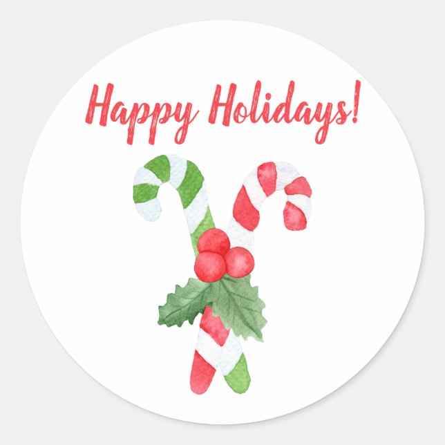 Happy Holidays | Watercolor Candy Cane Christmas Classic Round Sticker (Front)