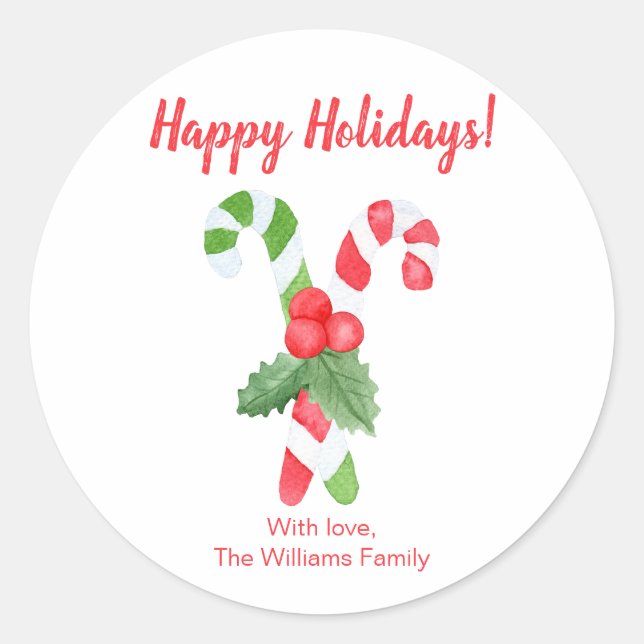 Happy Holidays | Watercolor Candy Cane Christmas Classic Round Sticker (Front)