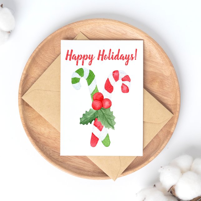 Happy Holidays | Watercolor Candy Cane Christmas Holiday Postcard (Creator Uploaded)