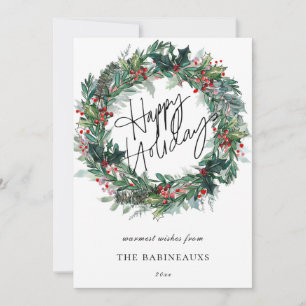Happy Holidays Watercolor Christmas Wreath Holiday Card