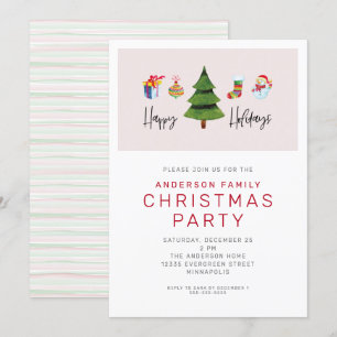 Happy Holidays Watercolor Cute Christmas Party Invitation