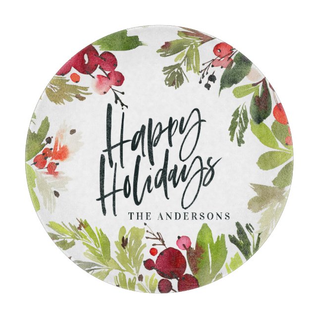 Happy holidays watercolor floral foliage cutting board (Front)