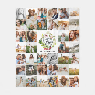 Happy Holidays watercolor floral Holiday family Fleece Blanket