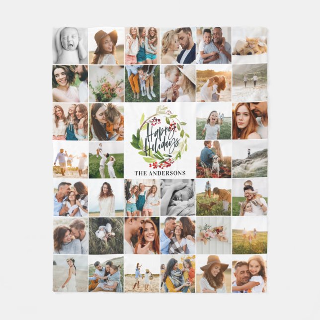 Happy Holidays watercolor floral Holiday family Fleece Blanket (Front)