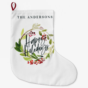 Happy Holidays watercolor floral Holiday Large Christmas Stocking