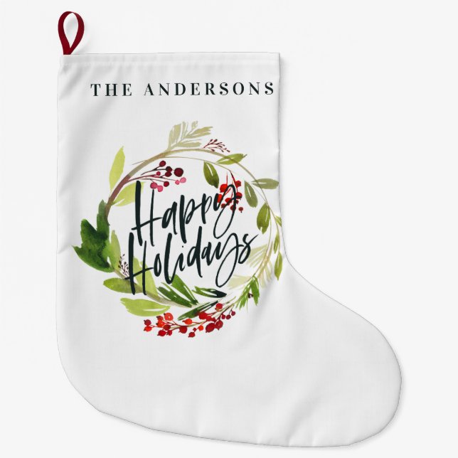 Happy Holidays watercolor floral Holiday  Large Christmas Stocking (Front)
