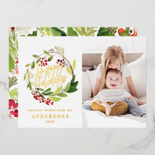 Happy Holidays watercolor floral photo Foil Holiday Card