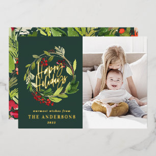 Happy Holidays watercolor floral photo green Foil Holiday Card