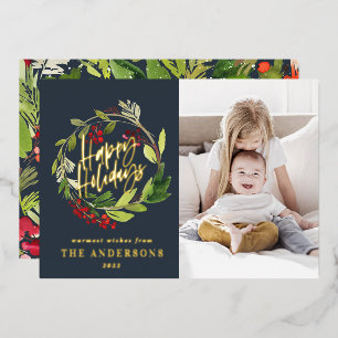 Happy Holidays watercolor floral photo navy blue Foil Holiday Card