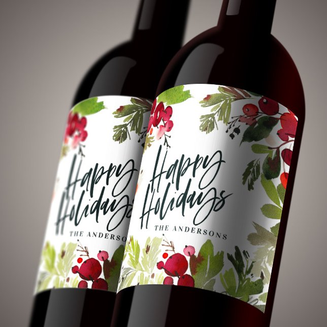 Happy holidays watercolor floral script wine label (Creator Uploaded)