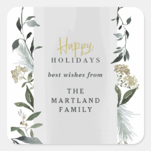 Happy Holidays watercolor foliage Christmas Square Sticker
