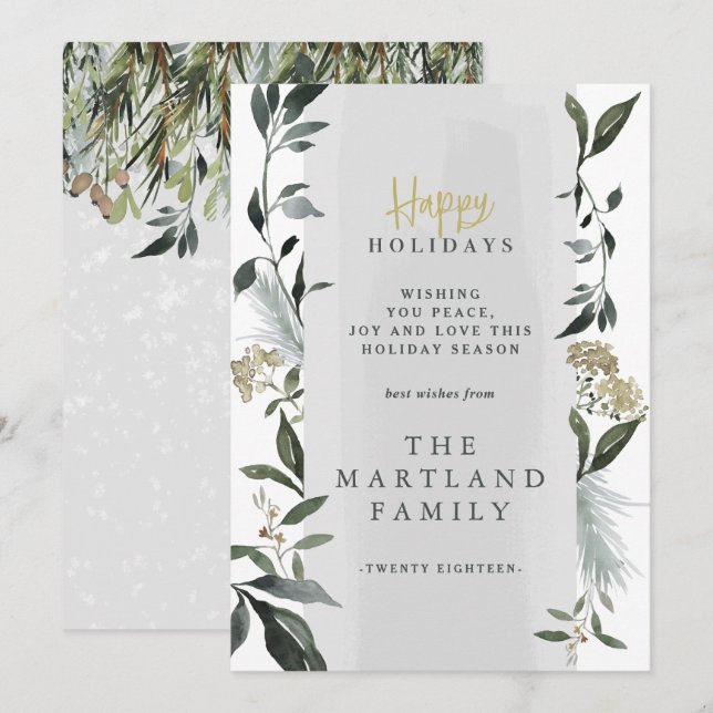 Happy Holidays watercolor foliage Holiday Card (Front/Back)