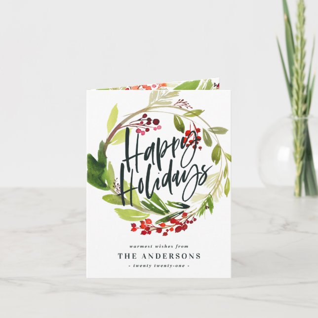Happy holidays watercolor foliage photo card (Front)