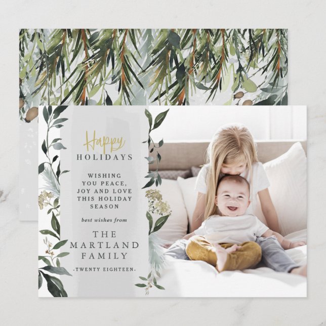 Happy holidays watercolor foliage photo holiday card (Front/Back)