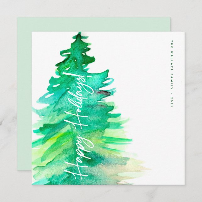 Happy Holidays Watercolor Green pine tree  Holiday Card (Front/Back)