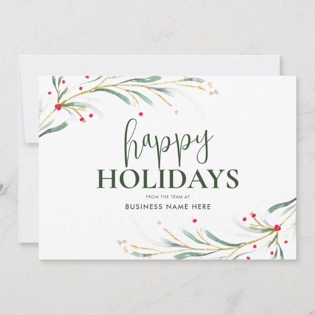 Happy Holidays Watercolor Greenery Business Holiday Card (Front)