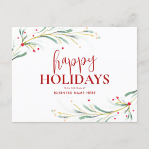 Happy Holidays Watercolor Greenery Business Holiday Postcard