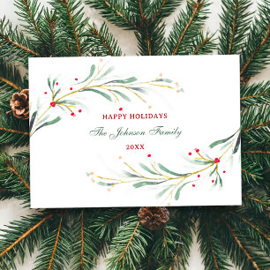 Happy Holidays Watercolor Greenery Holiday Card