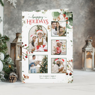 Happy Holidays Watercolor Holly Botanical 5 Photo Holiday Card