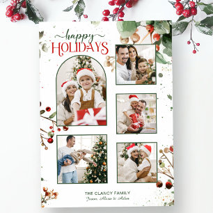 Happy Holidays Watercolor Holly Botanical 5 Photo Holiday Card