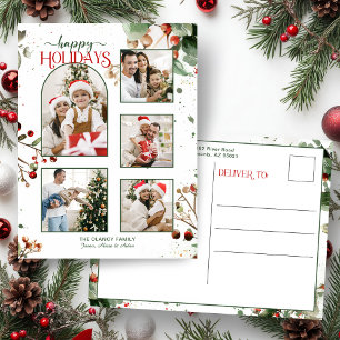 Happy Holidays Watercolor Holly Botanical 5 Photo Holiday Postcard