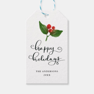 Happy Holidays Watercolor Holly Holiday Script Gift Tags