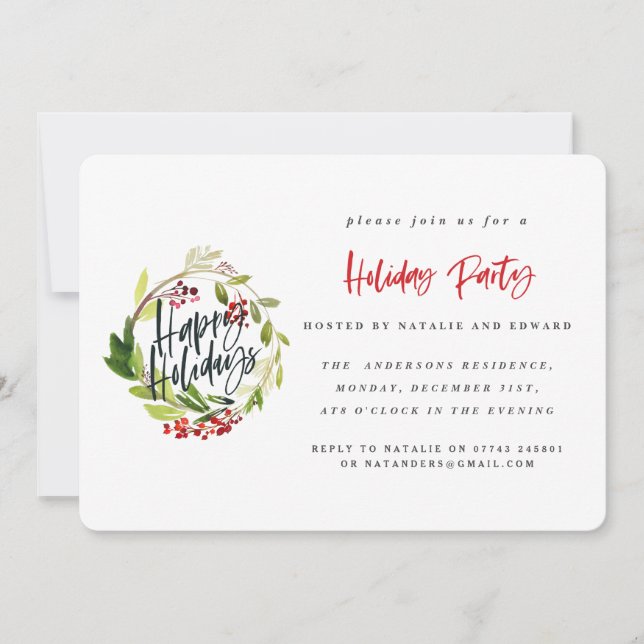 Happy Holidays watercolor party invitation. Holiday Card (Front)