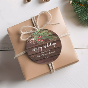 "Happy Holidays!" Watercolor Pine Christmas  Classic Round Sticker