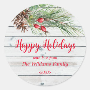"Happy Holidays!" Watercolor Pine Christmas  Classic Round Sticker