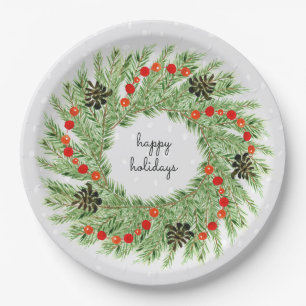 Happy Holidays Watercolor Pine Cone Wreath Paper Plate
