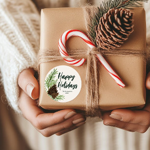 Happy Holidays Watercolor Pine Winter Greenery Classic Round Sticker