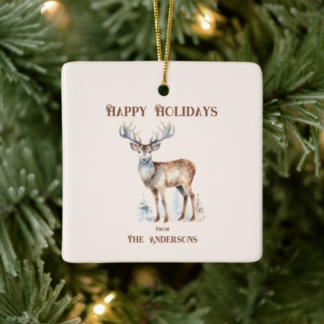 Happy Holidays Watercolor Reindeer Personalised  Ceramic Ornament (Tree)