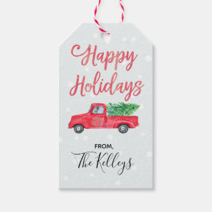 Happy Holidays   Watercolor Retro Red Truck Gift Tags