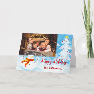 Happy Holidays Watercolor Snowman Photo Christmas Holiday Card